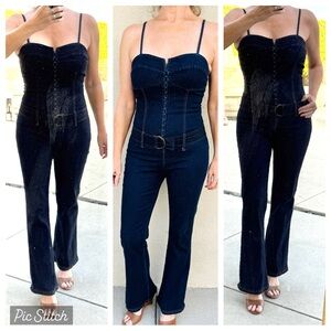 BLUE ASPHALT denim jumpsuit stretch jumper belted corset fitted womens M vintage
